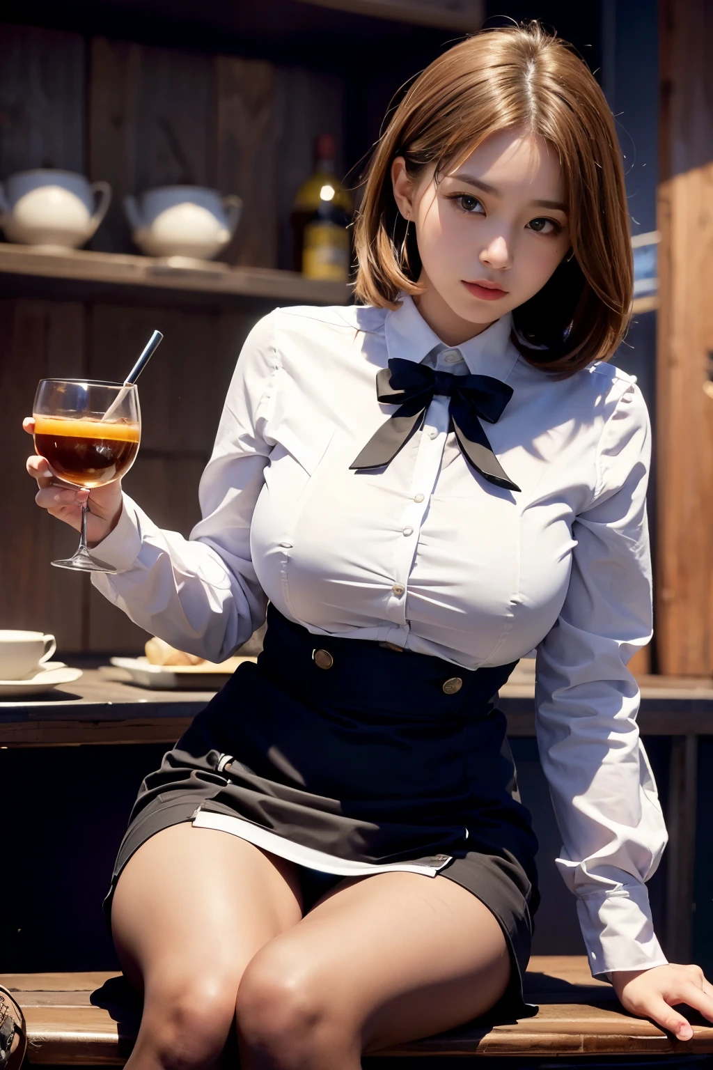 highest quality, masterpiece, High definition, 16K quality, beautiful , Light brown medium hair, 明るい茶色のbeautiful目, uniform, White blouse, black_pantyhose, White panties showing through pantyhose, Plump and large breasts, Large breasts sagging due to gravity, Blushing, She is looking at the camera, A dreamy look, Spread your legs, Daytime Cafe, Bright red sky, beautiful clouds in madder color,