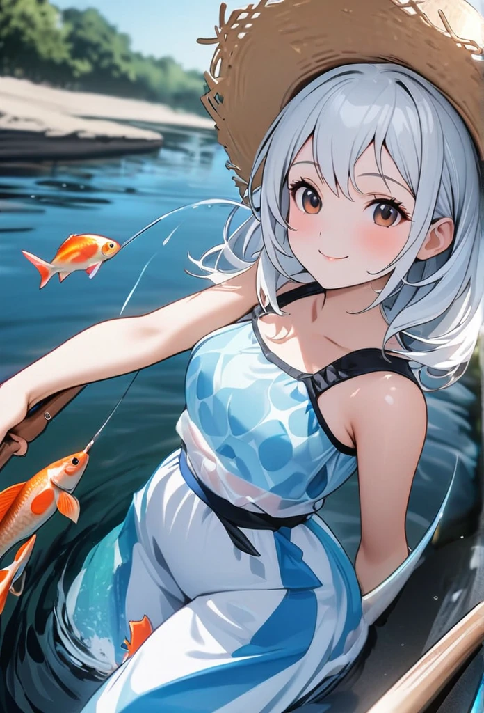 High quality, high definition, hig
h precision images,8k 1 Girl 、long white hair, light blue one piece,straw hat fishing in the river.Colorful fish are swimming in the river,
smile、Catching a big fish