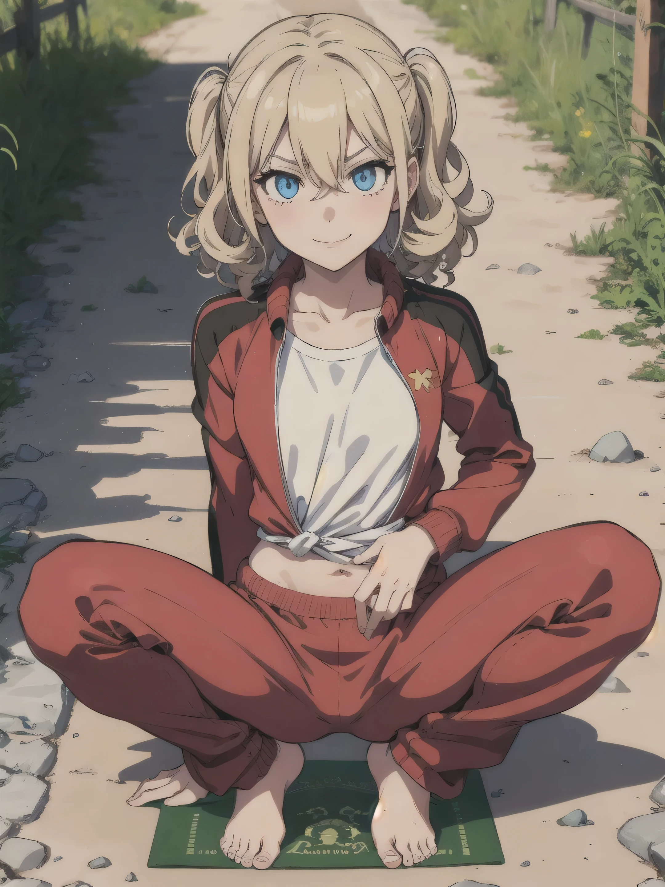 1girl, angry, curly hair, looking at viewer,(beautiful detailed blue eyes), (Persona:1.1),squatting, spread legs,amagi_yukiko, (over size Colorful track suit pants), hand on hips, line off, barefoot, smile, (((A girl who moves her hips left and right))), ((((highlight in eyes)))), blue sky, (((small mat))), caustics, ((((Narrow gravel road)))), (anime), (thick outline), Sand road, ((Crouch on the doormat)), from below
