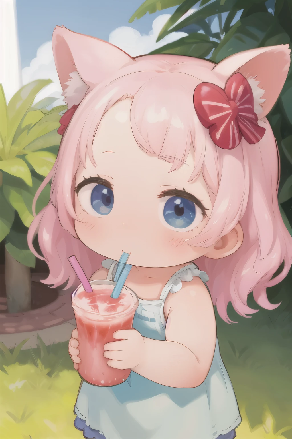 Photorealistic、Chibi Girl Doll（Drinking a fruit smoothie on the grass in the park）