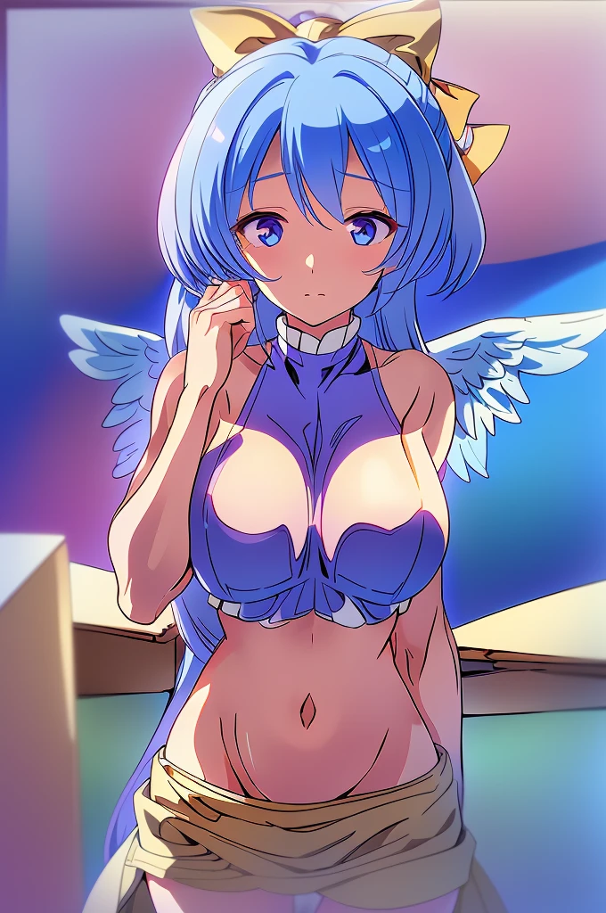 (masterpiece, best quality), best quality, (ultra-detailed), (3heads:1.5), 1girl, (mai:1.3), masterpiece, best quality, ultra quality, ultra resolution, ultra detail, light pink top, crop top, ((stomach)), midriff, ((groin)), light pink skirt, normal ears, shackles, blue hair, very long hair, wavy hair, pigtails, light-blue eyes, parted lips, detailed eyes, sweat, cute, toned belly, hand on own chest, eyelashes, (24 year old woman:1.3), (masterpiece:1.5), (best quality:1.5), (beautiful detailed), extremely detailed CG, extremely delicate and beautiful, depth of field, (finely detailed face), (perfect details:1.2), (mature female:1.3), wide pelvis, slender, large veiny breast, 16k resolution, highres, very high quality, very high definition, extremely detailed, masterpiece, blue hair, long hair, alluring presence, braid, short skirt, close up, big tits, young, light pink bow in her hair, small light pink wings, (girl with three heads),