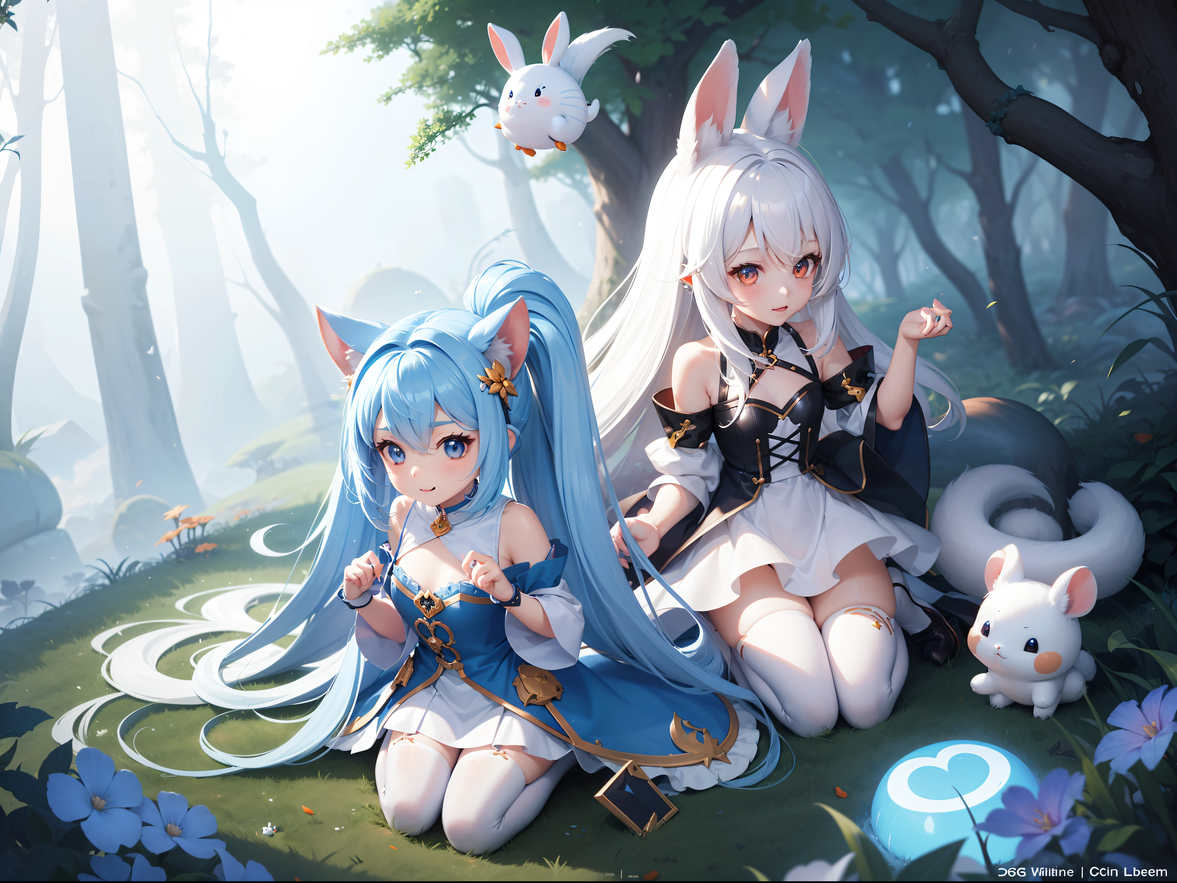 There are little white rabbits with carrots and long ears.,  Orejas largas blancas、Estoy con una chica de pelo largo azul y un personaje chibi.。Es un lindo disfraz en blanco y azul.。ojos oscuros。linda criatura del bosque, Cute mushrooms also grow、adorable pintura digital, lindo arte digital detallado, the ardilla king, lindo arte digital, lindos personajes de dibujos animados, lindo personaje, Criaturas lindas, chica, ilustraciones oficiales, arte oficial, ardilla, maple mouse, astri lohne,  lindo render 3d