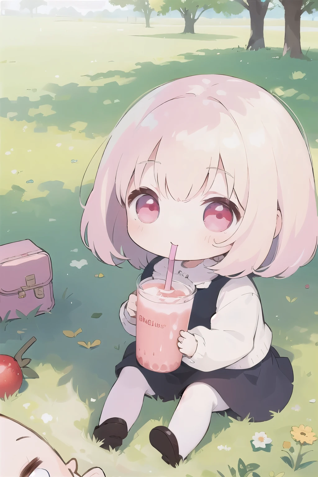 Photorealistic、Chibi Girl Doll（Drinking a fruit smoothie on the grass in the park）