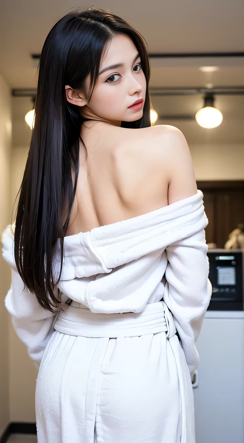 (Tabletop, highest quality:1.4), Beautiful Face, 8k, 85mm, Absurd, ((Dressing room with drum-type washing machine:1.4))、((She is taking off her thick white bathrobe:1.4)), ((Cowboy Shot:1.5))、((Shooting from behind:1.4))、((I can see the spine:1.4))、Natural Makeup:1.8、((Off the shoulder:1.4))、((Full nudity:1.4))、((Beautiful breasts are visible:1.4))、Delicate girl, alone,(((Straight medium-long hair:1.5)))、night, View Viewer, Upper Body, Film Grain, chromatic aberration, Sharp focus, Face Light, Professional Lighting, Sophisticated, (she looked at me with a confused expression:1.4), (Simple Background, Bokeh Background:1.2), Detailed aspect、