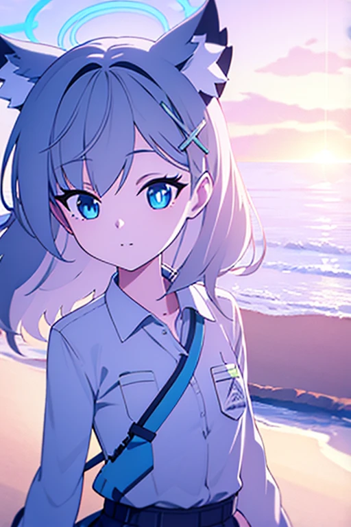 shiroko_bluearchive,full body,standing beside the beach,school uniform,shiroko,outside,full body,little smile,charming smile,[(white background:1.35)::0.25], (bottle bottom:0.9),mid shot, full body, flowers,floating petal,stone fragment, beautiful detailed water,cloud,sun,dusk,sunset,,(solo:1.2),(Masterpiece),(Best quality),(Extremely Detailed CG Unity 8k Wallpaper),(high resolution),(Best background details:1.26),(Best character details:1.36),(pastel (medium):1.35),sparkle,