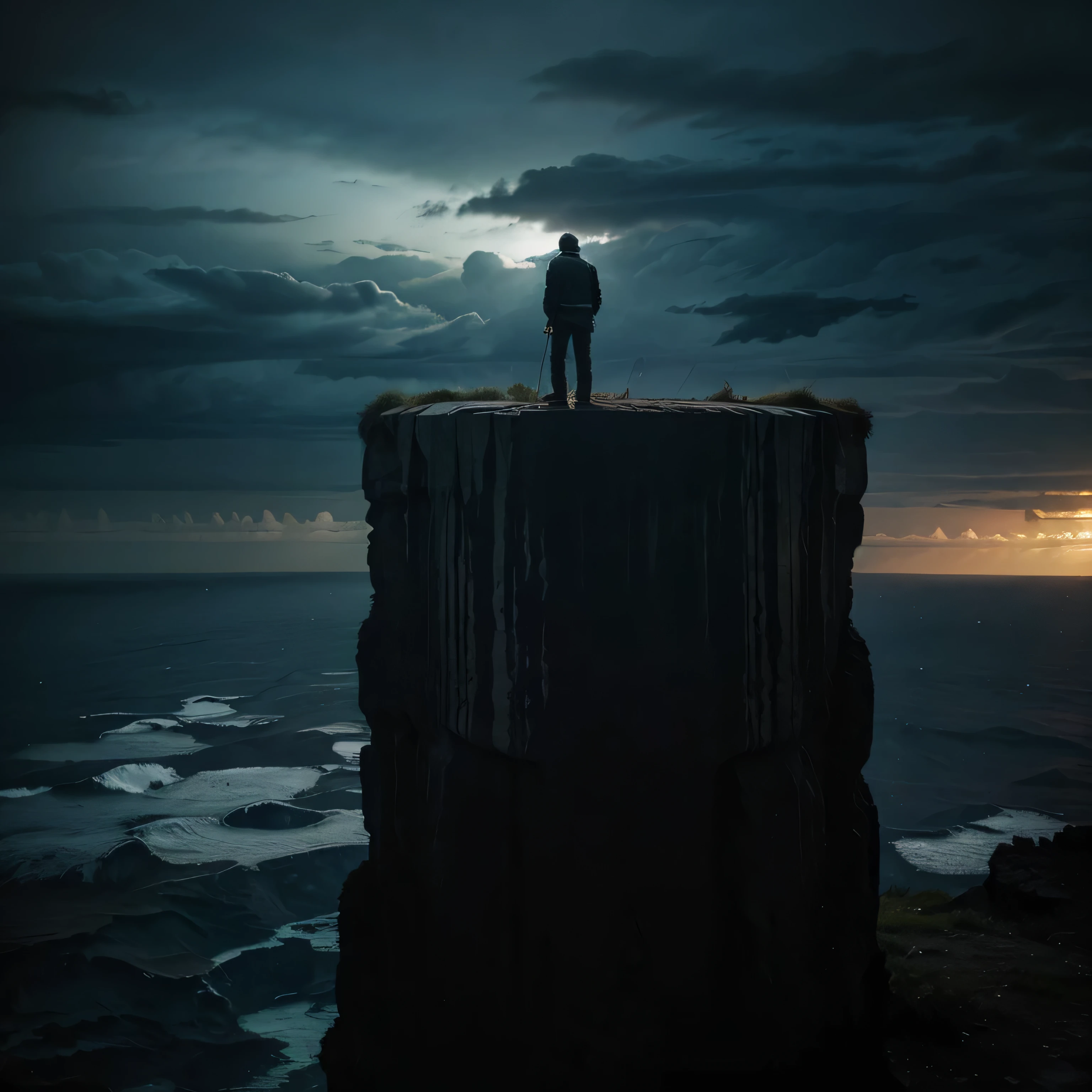 A lone man standing on the edge of a deep abyss. The sky is dark and stormy, com raios cruzando o horizonte. The man is dressed in dark, tattered clothes, and your face is shadowed with sadness. Ele parece perdido e desesperado.