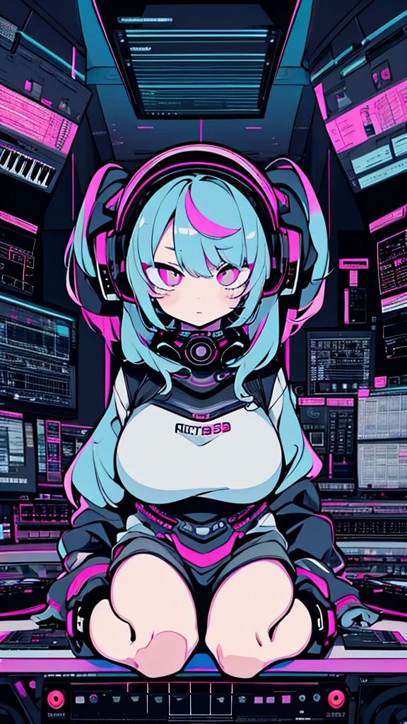Best quality, (masterpiece:1.2), best detail face,1 girl, big breasts, 18 yo, 8k,absurdres,unity 8k wall paper,(extremely detailed:1.3), highest realistic, (headphones:1.1), (soft neon light:1.1), (floating hair:1.2), (psychedelic:1.2), Her room full of music equipment, loungewear, (((Roland TB-303 Synthesizer))), loose loungewear, Looks listless, See the whole room