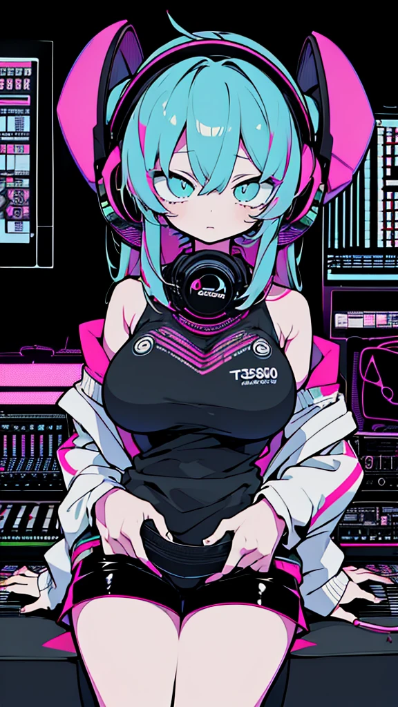 Best quality, (masterpiece:1.2), best detail face,1 girl, big breasts, 18 yo, 8k,absurdres,unity 8k wall paper,(extremely detailed:1.3), highest realistic, (headphones:1.1), (soft neon light:1.1), (floating hair:1.2), (psychedelic:1.2), Her room full of music equipment, loungewear, (((Roland TB-303 Synthesizer))), loose loungewear, Looks listless, See the whole room