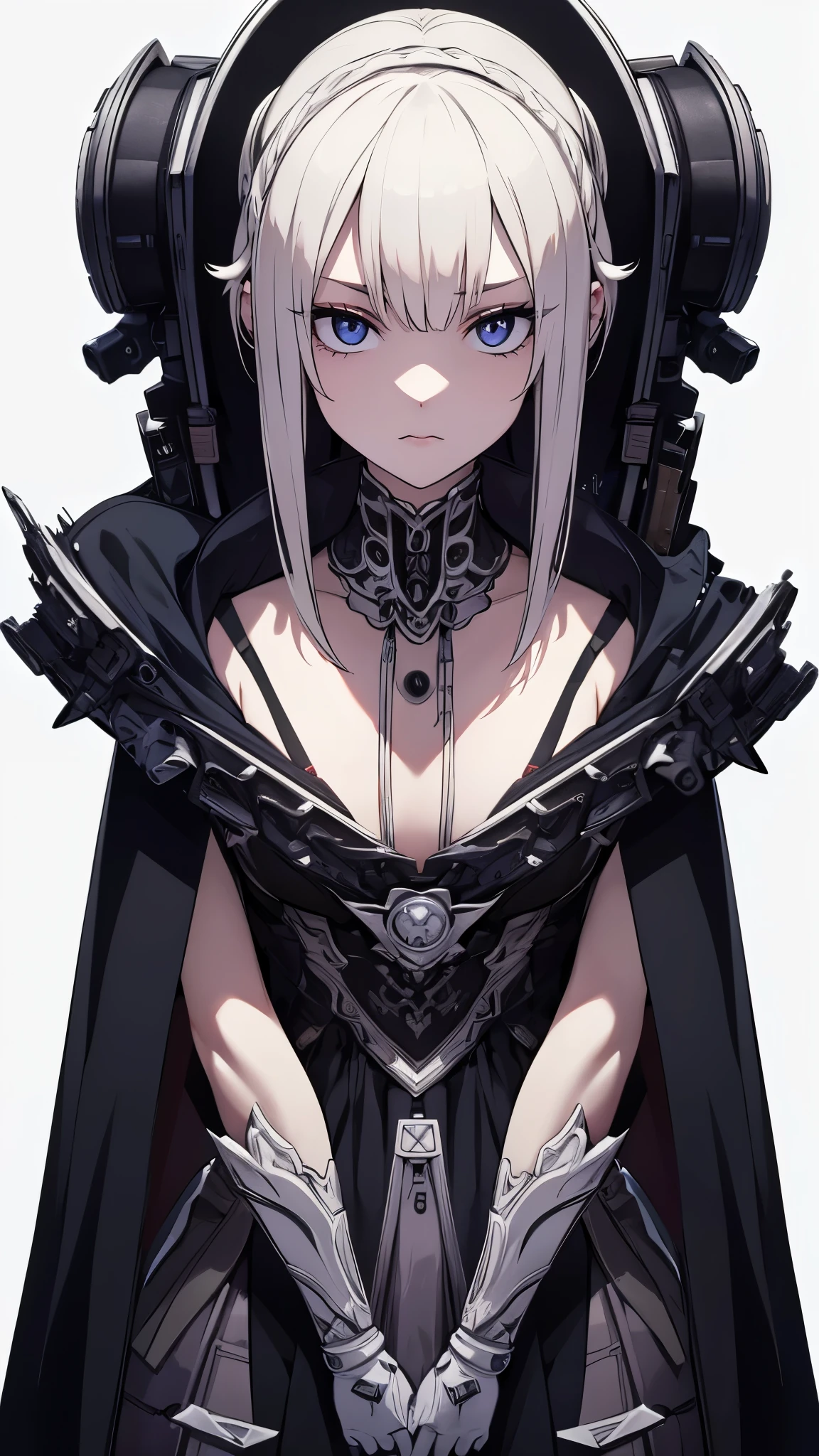 ((8K resolution))、((highest quality))、((masterpiece))、((Very detailed))((((dramatic))), (Anatomically correct)、The depth of the object to write、Looking at the camera、front、(woman、Mechanical bones格、Mechanical boneechanical Cervical Vertebra、Long and thin、lipstick、Spit sludge from the mouth、Bloody)、Cape、rifle、spooky、an ominous、((theme、whole body:1.1)), SF、Design、White Background