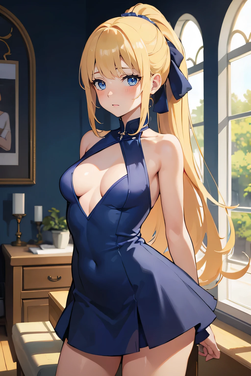 Safe for work, masterpiece, best quality, solo, 1 girl, facing forward, looking at camera, (young female body:1.4), ( medium small breasts), slender legs, golden yellow hair, extra long hair, blunt bangs, crystal blue eyes, very detailed eyes, inside livingroom, cozy background, ponytail, standing, leaning forward, erotic, dark blue dress, long form fitting dress, tight blue dress, silver details, flustered expression, arched back, arching her back