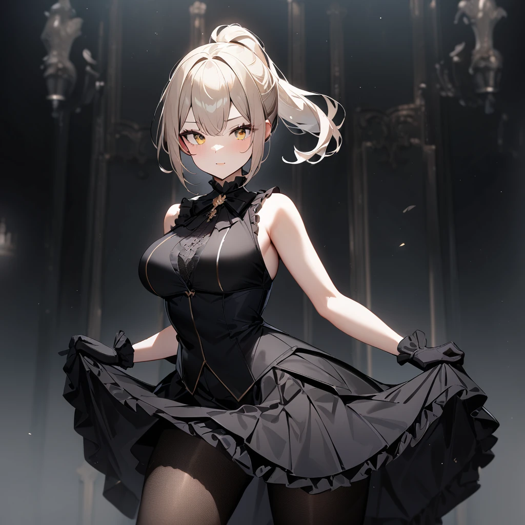 1 girl,best quality, very aesthetic,absurdres,looking at viewer,front view,Lovely lady,,skirt lift,high-grade,layer,westfrill,light hair,multilayer,blackcolor,trim,(side-Crisscross),breasts,upscale,Layered,yellow pale,blackglove,pantyhose,lovely,all black,Sleeveless,open stance,curtsey,impossible_clothes,half up