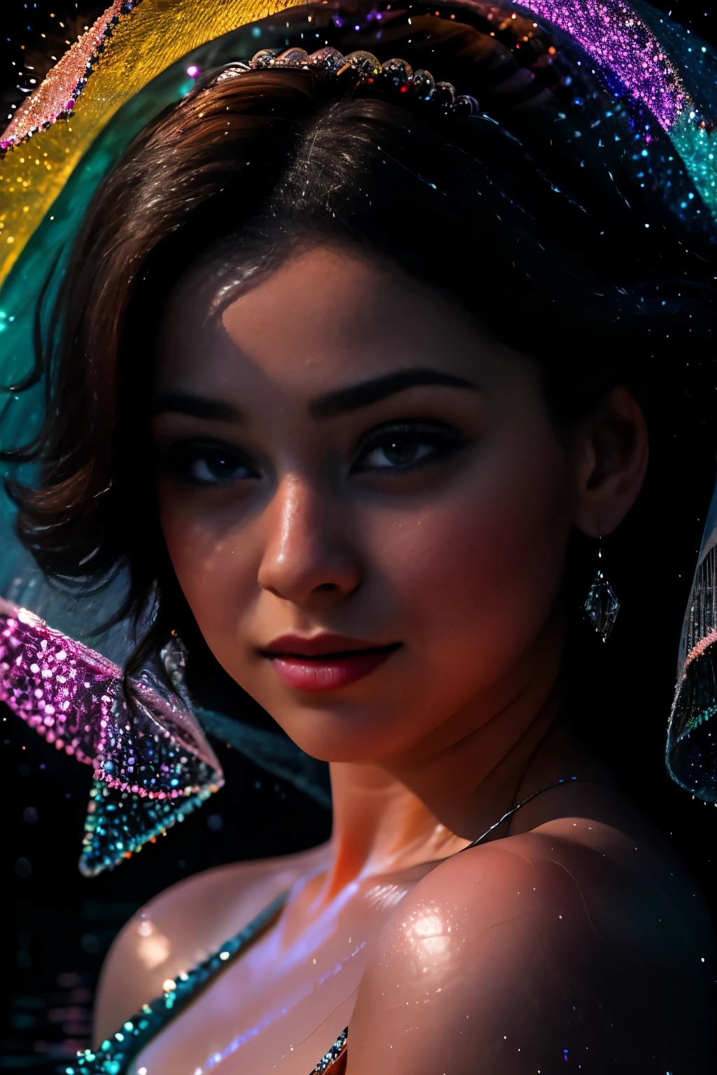 A captivating cinematic portrait, the epitome of beauty, shines in front view under perfect lighting. The stunning subject, with a glittering face and cheek focuses, stares intensely, her starring eyes sparkling like jewels against a dark moon background. This hyper-realistic image, rendered in extreme make-up and ultra-detailed features, showcases a perfect body with a sleek, translucent silhouette. The glowing skin adds to the enchanting allure, subtly kissed by water sprinkles, suggesting a mesmerizing mood. The background, painted in extremely colorful hues, draws attention to the full-body portrayal of this sed
