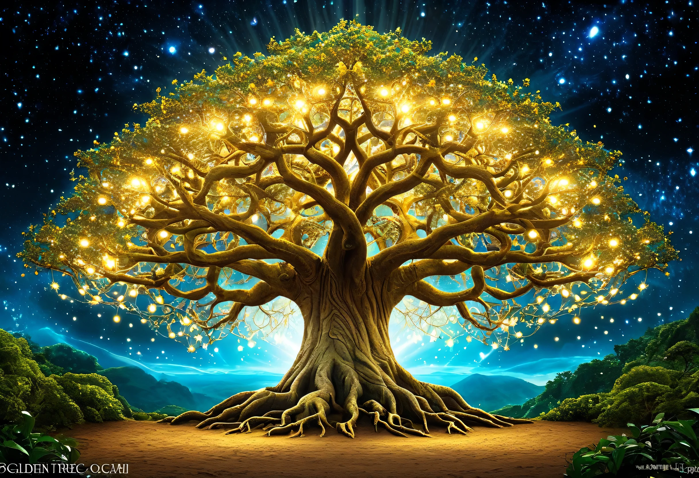 A picture of a tree with lots of lights, Magic Tree, Magic Tree, Fantasy Tree, Space Tree of life, the world Tree, large Magic Trees, Space Tree, the Tree of Life, world Tree, Tree of Life, Tree of Life seed of doubt, Golden Sacred Tree, Yggdrasil, Fantasy Magic Plants, Magic fantasy highly detailed,Margin: 5cm,