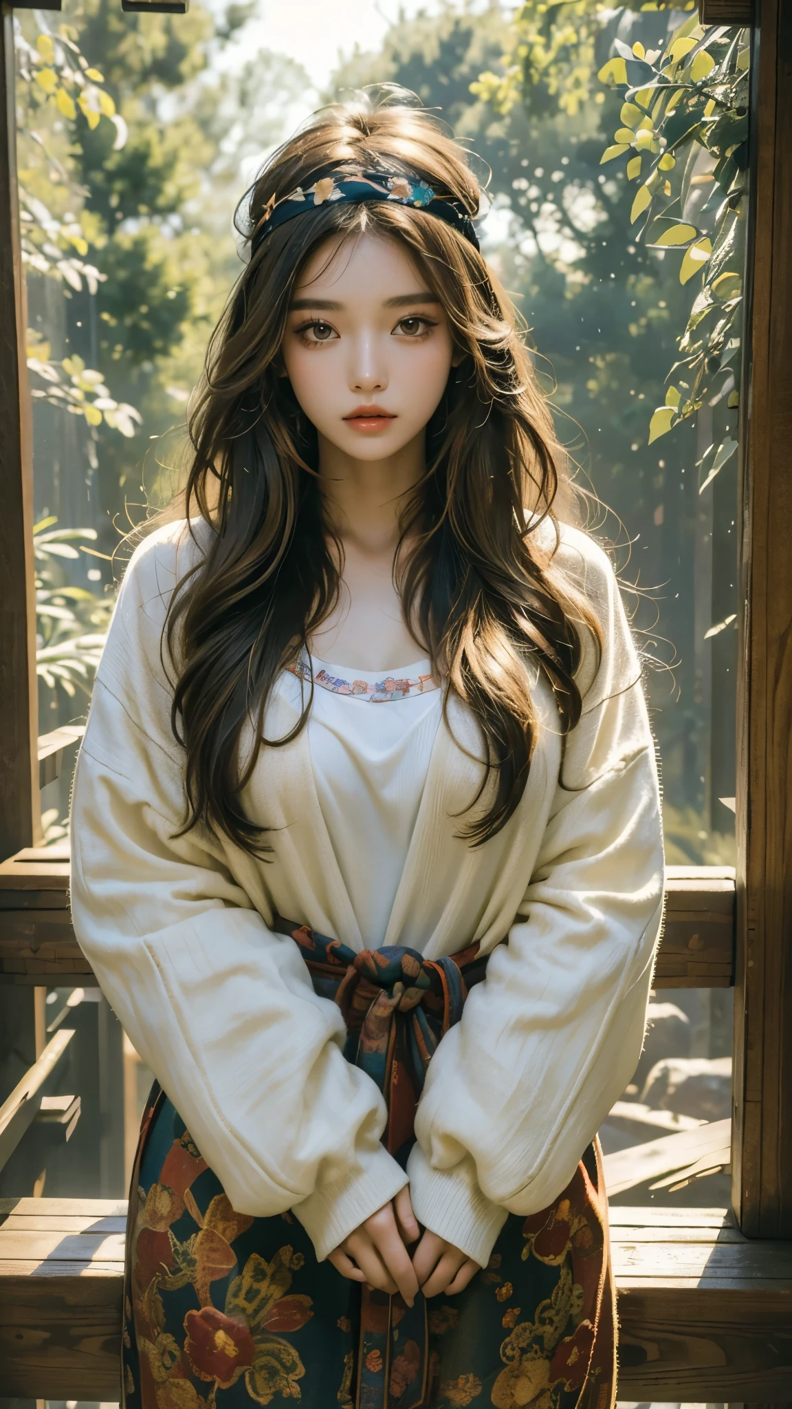 ((best quality, 8K, masterpiece :1.3)), 1 woman, Korean woman,  glowing skin, hippie style,long hippie perm, hippie headband, hippie clothes