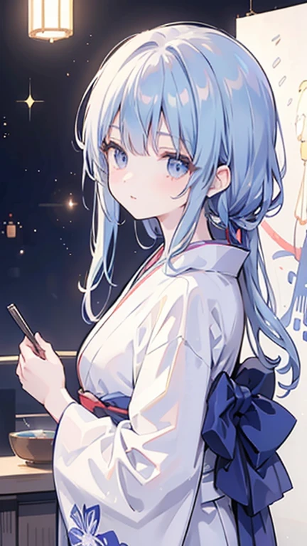 High resolution RAW color art, animation,Sculpture, Silver Marble Skin, (((Highly detailed elegant))), Magical atmosphere, (Detailed skin, texture (Exquisitely crafted, The finer details, Ultra-detailed), Depth of written boundary, Bokeh, Silky Touch, Hyper Detail, Matte Drawing, Sparkly Background, Blue Hair, kimono, Traditional Japanese Clothing, yukata, kimono, Traditional Japanese Clothing, yukata