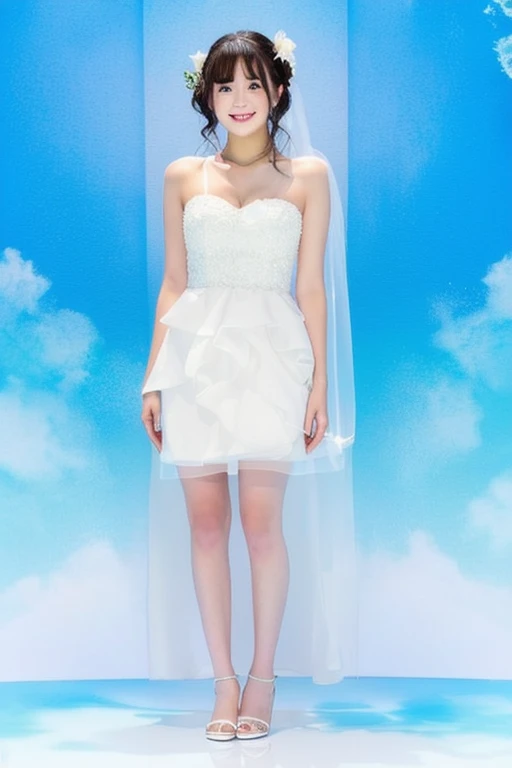 White backgroundに立っている白いタオルを着た女性, Full body cute young woman, All-white dress, Full body wide shot, Full body image, Full body photo, Full body photo, In a wet white short dress, Full body photo, White background, Full body shot in the center, Wearing a white dress, ハイヒールとWearing a white dress, Wearing a white dress