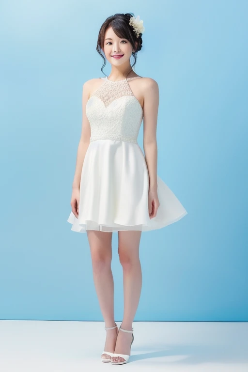 White backgroundに立っている白いタオルを着た女性, Full body cute young woman, All-white dress, Full body wide shot, Full body image, Full body photo, Full body photo, In a wet white short dress, Full body photo, White background, Full body shot in the center, Wearing a white dress, ハイヒールとWearing a white dress, Wearing a white dress