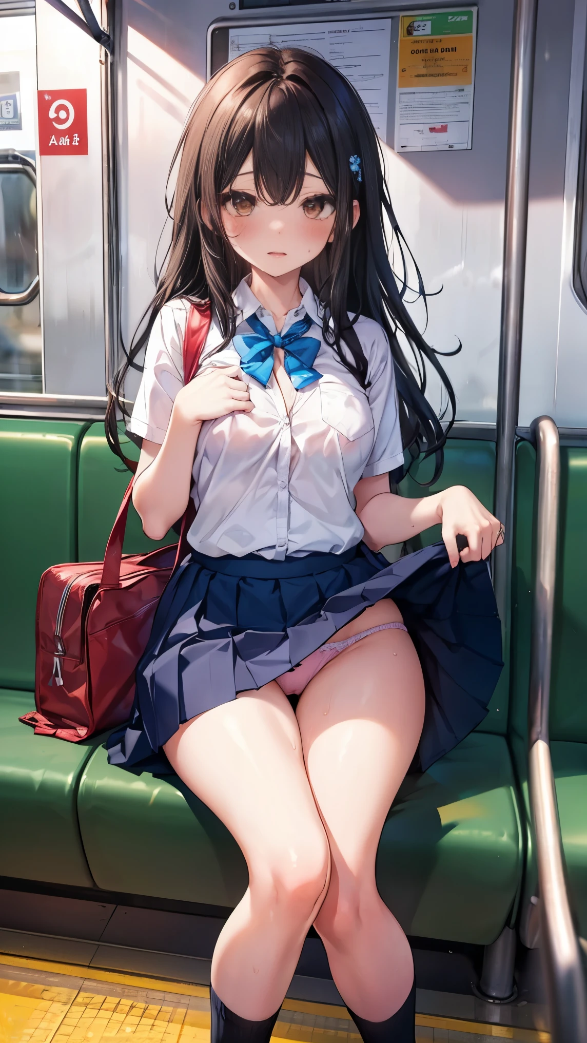 NSFW,4K,Gal:1.3,Anatomically correct,school uniform:1.3,A pure and innocent girl, Very cute face, Like an idol, (masterpiece:1.2), (high quality), panties, loose socks, Hip, Blue Skirt, alone, Blazer Type, loose socks, Lifting clothes, Brown eyes, pure gaze, mini skirt, Lift yourself up, Check skirt, blush,((Mid-chest)), (Sweating profusely), Long Hair, physical education, Beautiful legs, ((in the train))