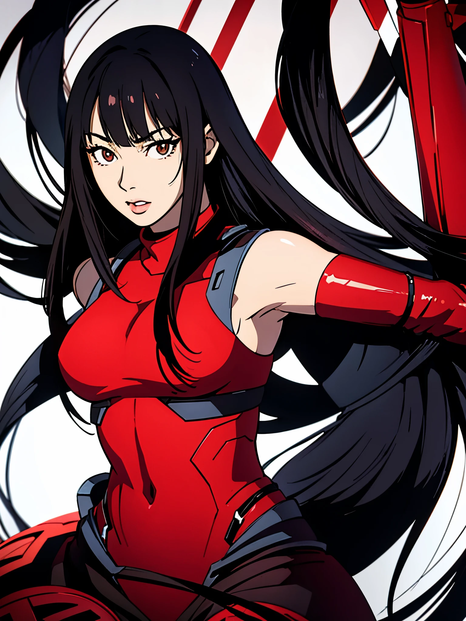 digital art drawing, illustration of (anime girl, long black hair with bangs, brown eyes, flat chest, confident look, black and red latex suit, tactical vest), anime drawing/art, bold linework, illustration, digital art, masterpiece, flat illustration, no shadows, 8k resolution, high detail, vector art, only anime, perfect eyes, perfect hands, perfect fingers, sharpness, high clarity, medium close up, high fidelity
