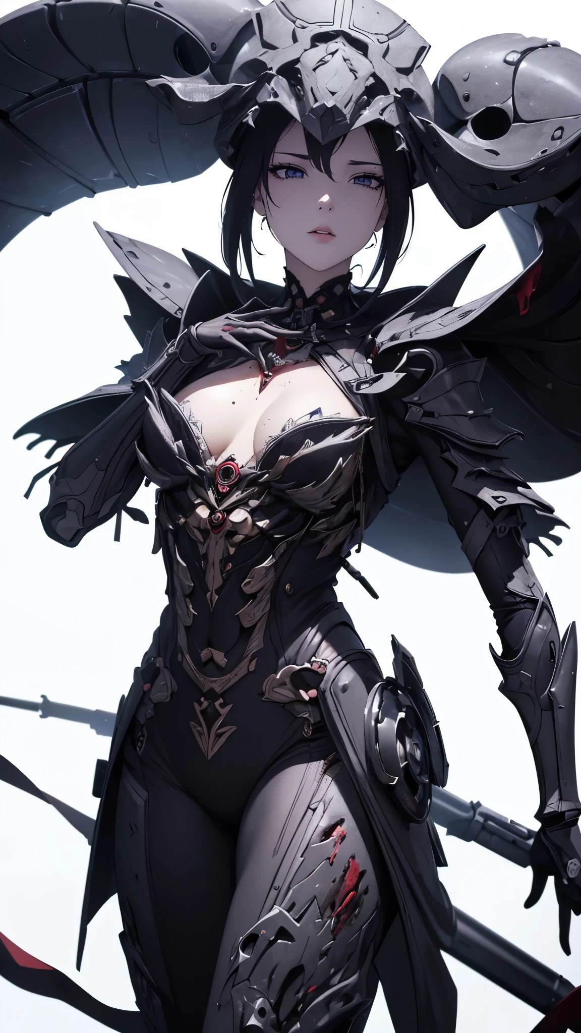 ((8K resolution))、((highest quality))、((masterpiece))、((Very detailed))((((dramatic))), (Anatomically correct)、The depth of the object to write、Looking at the camera、front、(woman、Mechanical bones格、Mechanical boneechanical Cervical Vertebra、Long and thin、lipstick、Spit sludge from the mouth、Bloody)、Cape、rifle、spooky、an ominous、((theme、whole body:1.1)), SF、Design、White Background