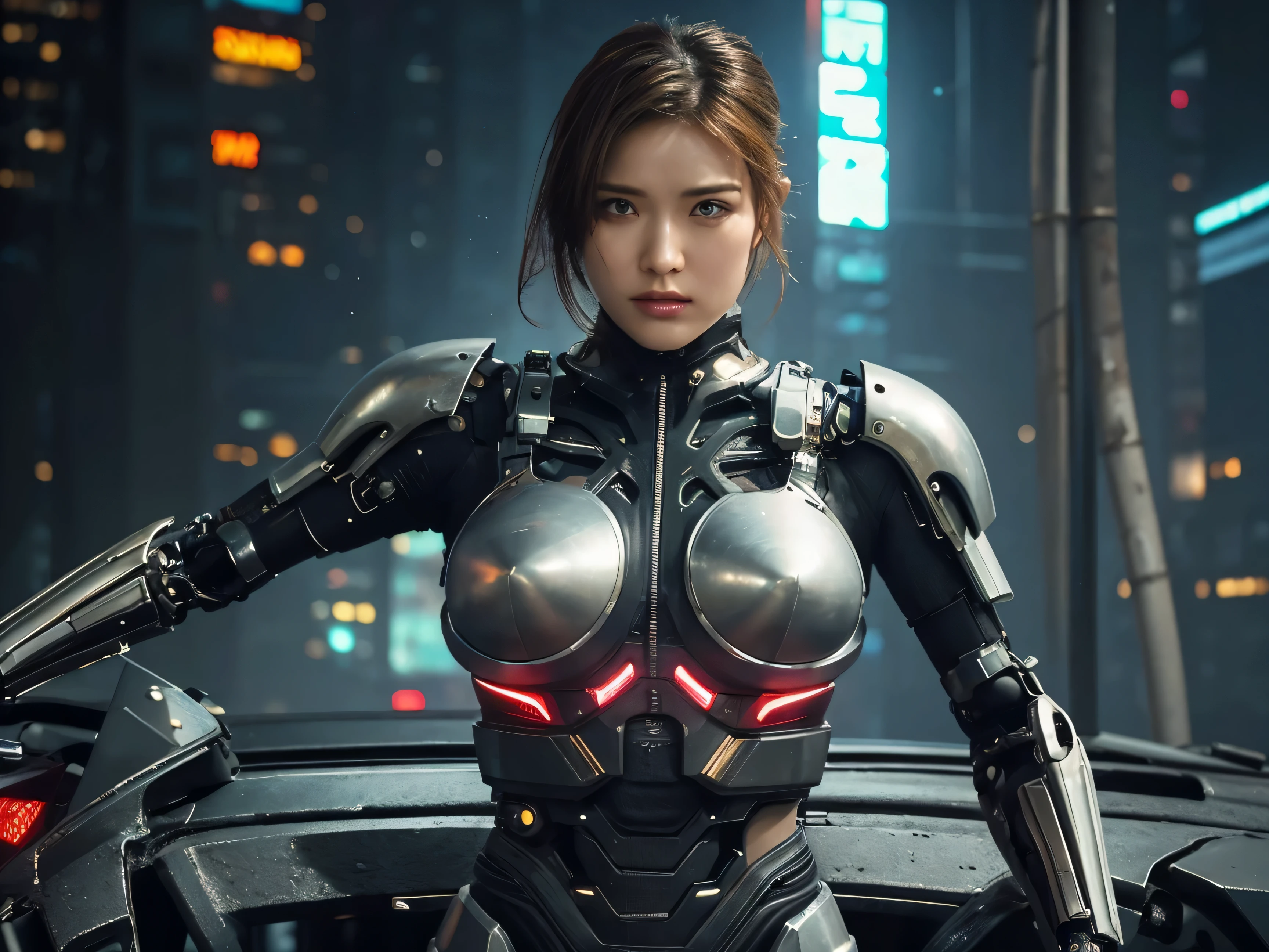 Cyborg Warrior Female Mechanist, Streamlined posture, The whole body is black, Her mechanical components and combat readiness are emphasized, She wears a tight-fitting armored suit, Functional and elegant, The design cleverly combines mechanical and organic elements, It reveals the perfect fusion of man and machine, The joints have obvious artificial structure and mobility, It is implied that she has excellent flexibility and the ability to adapt to a variety of actions, ((cyberpunk style)), Hi-Tech city, mechanical enhancement, (high-tech fantasy), robotics, blade runner 2049,