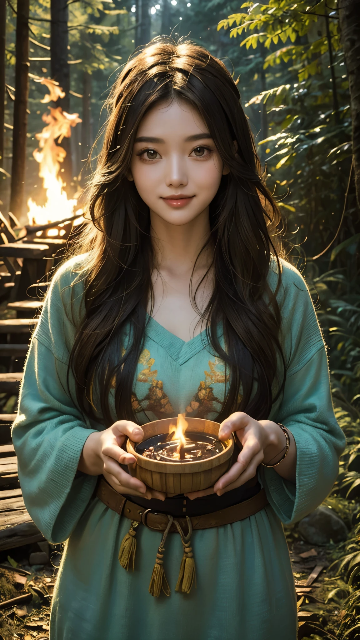 ((best quality, 8K, masterpiece :1.3)), 1 woman, Korean woman, glowing skin, hippie style,long hippie perm, hippie headband, hippie clothes, smile, in the forest, bonfire, night