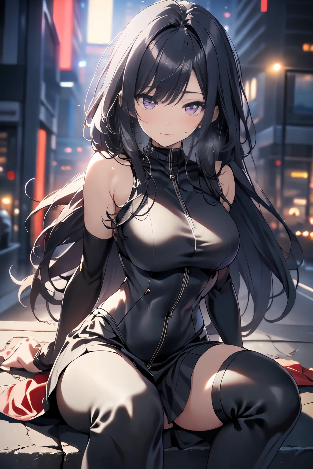 beautiful, Alone, 1 woman, Long hair, black hair, blue highlights at the ends of the hair, purple eyes, black leather bodysuit, pleassed skirt, red cloak, futuristic, cyberpunk, cinematic angle, Cinematic lighting, Work of art, best quality, nsfw、on your knees, groin rubbing