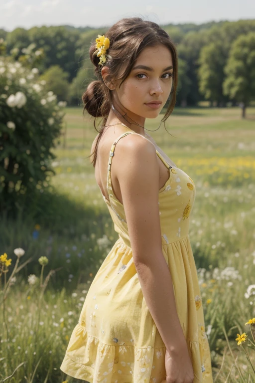 French, meadow, plump body, messy bun, hair flower ornament, yellow sundress, loving gaze