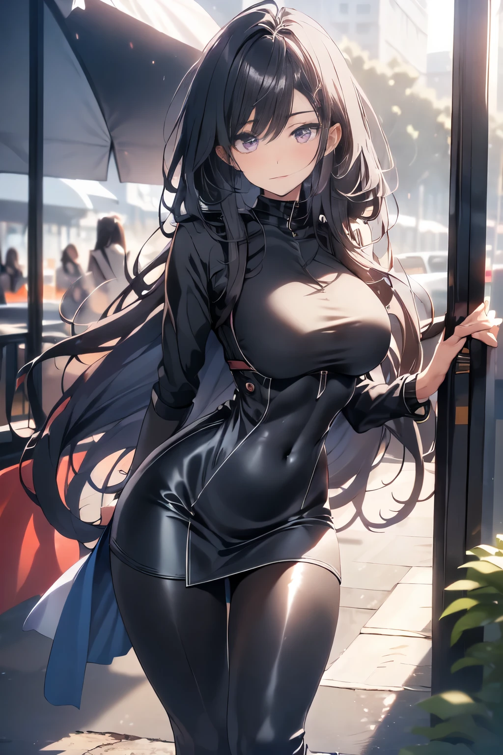 beautiful, Alone, 1 woman, Long hair, black hair, blue highlights at the ends of the hair, purple eyes, black leather bodysuit, pleassed skirt, red cloak, futuristic, cyberpunk, cinematic angle, Cinematic lighting, Work of art, best quality, nsfw, crotch rubbing