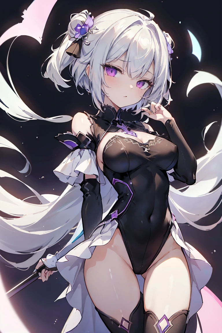 1girl, anime, cute girl, blank background, white background, fantasy, detailed fantasy dress with highlights, beautiful face, beautiful eyes, dark colors, black hair with multicolor streaks, red eye with different color pupil in eye, multicolor eye, medium breasts, slight cleavage, beautiful skin, cute, breast curtains, extremely delicate and beautiful, (beautiful detailed face:1.0), (detailed deep eyes), symmetrical breasts, deep eyes, shiny skin, portrait, slender waist, hips wider than shoulders, thighs, expressionless, young girl, luminous eyes, adorable,(Kpop idol),(aegyo sal:1),(Platinum blonde hair:1),((puffy eye)),Black panty,sexy posture,Superskirt, Ultra-high resolution,Black collar,slim figure, Abdominal y tattoo, womb tattoo,Tight-fitting leg ring,y tattoo on half-body,Bare skin, Armored hand,Hidden fingertips,Hand covered,Arm covered,Fist covered,{{beautiful detailed fingers}}, tufts of hair, moderate beautiful breast:1.0,(masterpiece:1.2), best quality, high-res, HDR, perfect face, intricate armor, delicate blue filigree, intricate filigree, red metalic parts, detailed part, dynamic pose, dynamic lights, cute face, neutral expression, shuimobysim, lotus, hanfu, maxi skirt, dress conservatively 1girl, solo, long blue hair, standing, One lady,14years,((White hair) ,((Normal breasts)), (Shiny purple bodysuit with microskirt),((Fantasy, Moon Night))