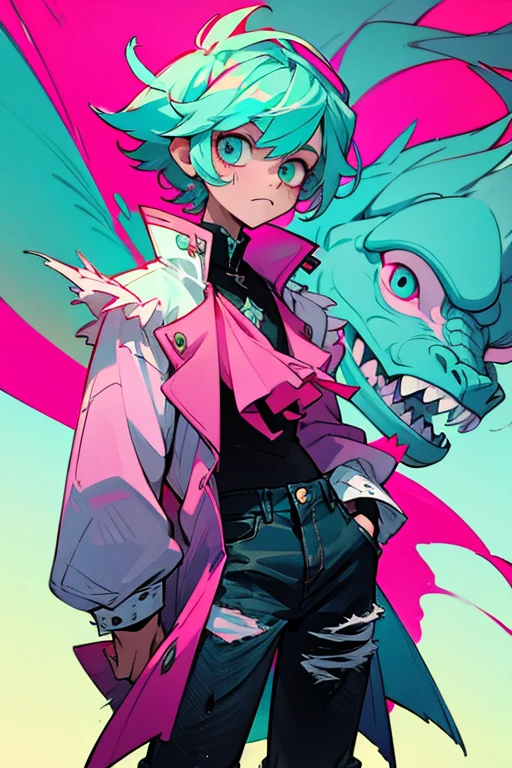 Dragon boy_ white scales with turquoise and pink details_detailed eyes_wearing a stylish coat with abstract details_ ripped black jeans.