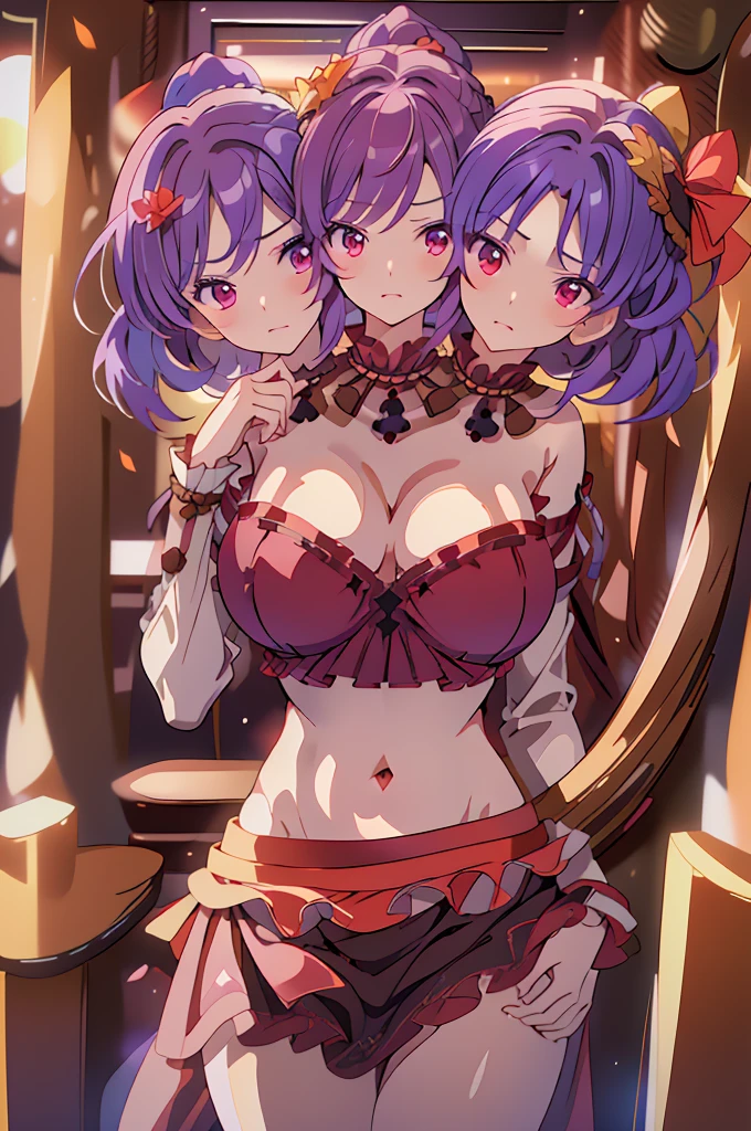 (masterpiece, best quality),best quality, best resolution, (ultra-detailed), (3heads:1.5), 1girl, (yasaka kanako:1.3), masterpiece, best quality, ultra quality, ultra resolution, red top, crop top, ((stomach)), midriff, ((groin)), black skirt, normal ears, shackles, purple hair, very long hair, wavy hair, sidelocks, red eyes, detailed eyes, parted lips, single horn, sweat, cute, toned belly, hand on own chest, eyelashes, (27 year old woman:1.3), (masterpiece:1.5), (best quality:1.5), (beautiful detailed), extremely detailed CG, extremely delicate and beautiful, depth of field, (finely detailed face), (perfect details:1.2), (mature female:1.3), wide pelvis, slender, large veiny breast, 16k resolution, highres, high quality, high definition, extremely detailed, masterpiece, best quality, purple hair, long hair, alluring presence, braid, short skirt, close up, big tits, young, front ponytail, hair ornament,