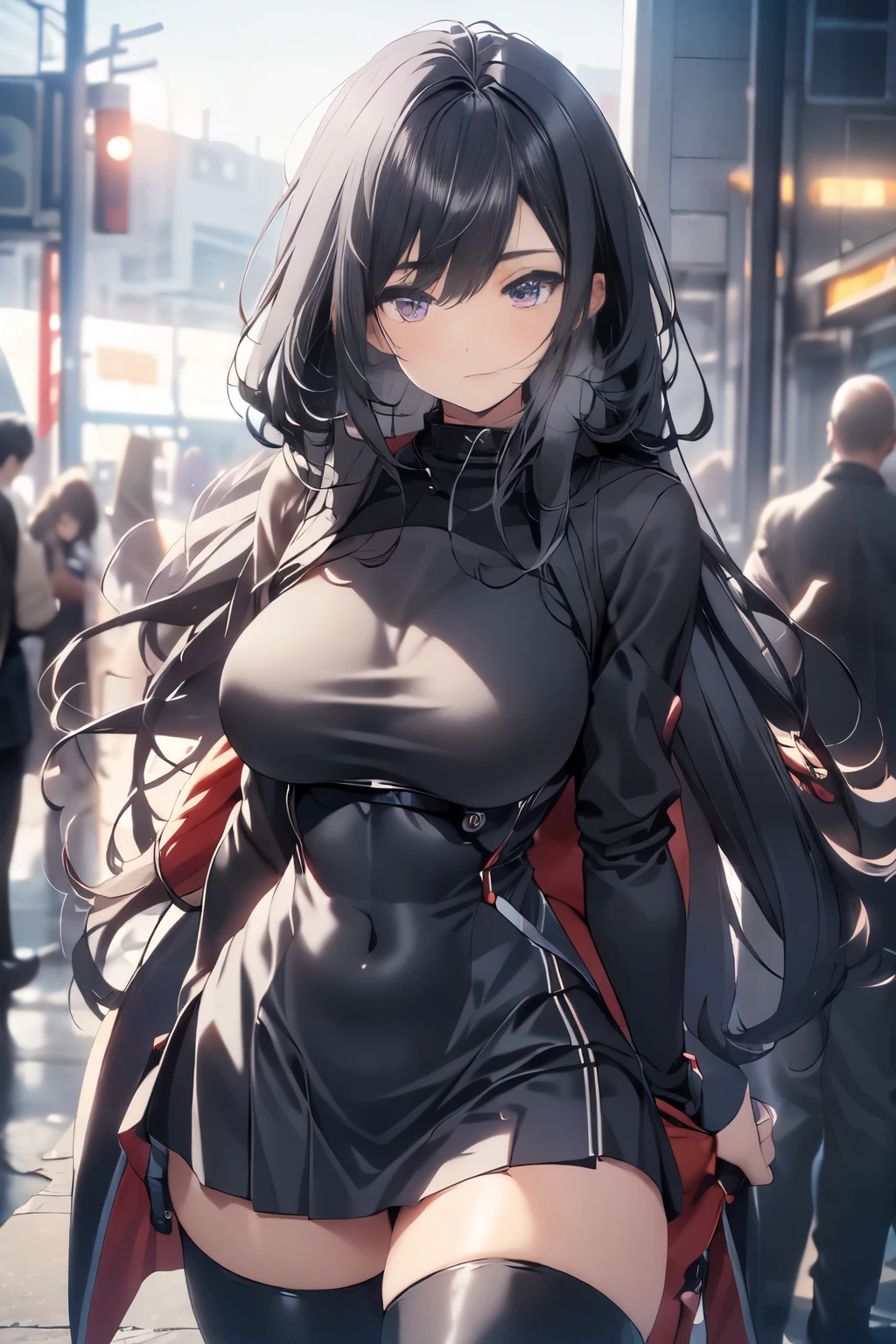 beautiful, Alone, 1 woman, Long hair, black hair, blue highlights at the ends of the hair, purple eyes, black leather bodysuit, pleassed skirt, red cloak, futuristic, cyberpunk, cinematic angle, Cinematic lighting, Work of art, best quality, nsfw, crotch rubbing