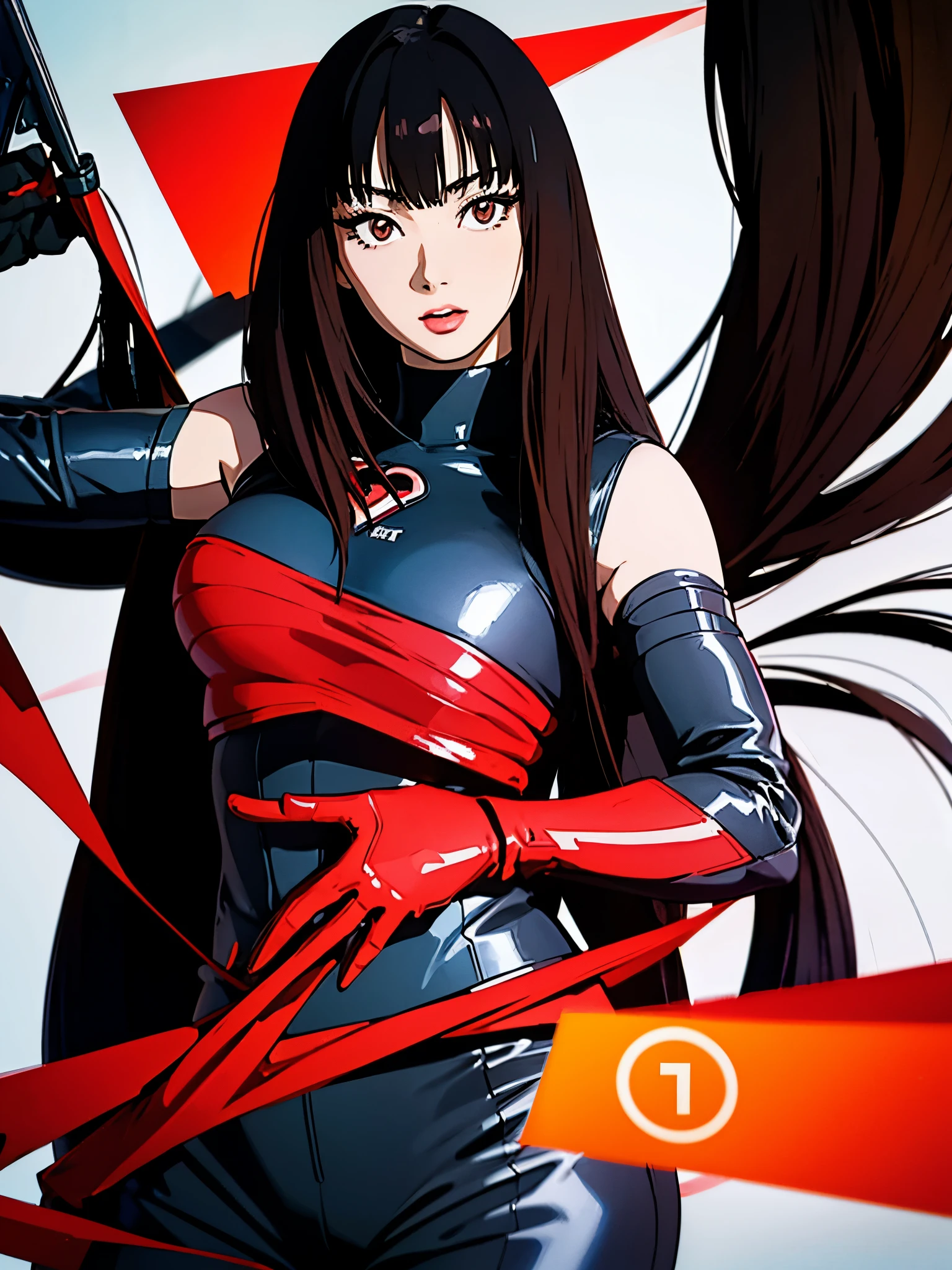 digital art drawing, illustration of (anime girl, long black hair with bangs, brown eyes, flat chest, confident look, black and red latex suit, tactical vest), anime drawing/art, bold linework, illustration, digital art, masterpiece, flat illustration, no shadows, 8k resolution, high detail, vector art, only anime, perfect eyes, perfect hands, perfect fingers, sharpness, high clarity, medium close up, high fidelity
