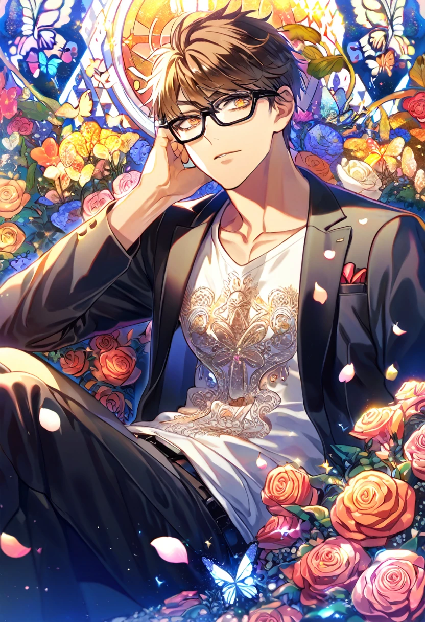 Ultra detailed, Highres, absurdres, HDR, Miyuki Kazuya, brown hair, expressive amber eyes, black coat with patterns, black glasses, Diamond No Ace, white shirt, cross, glittering butterflies, petals, handsome, sexy man, solo, very detailed eyes and face, master piece, toned chest, glittering, flowers, sitting