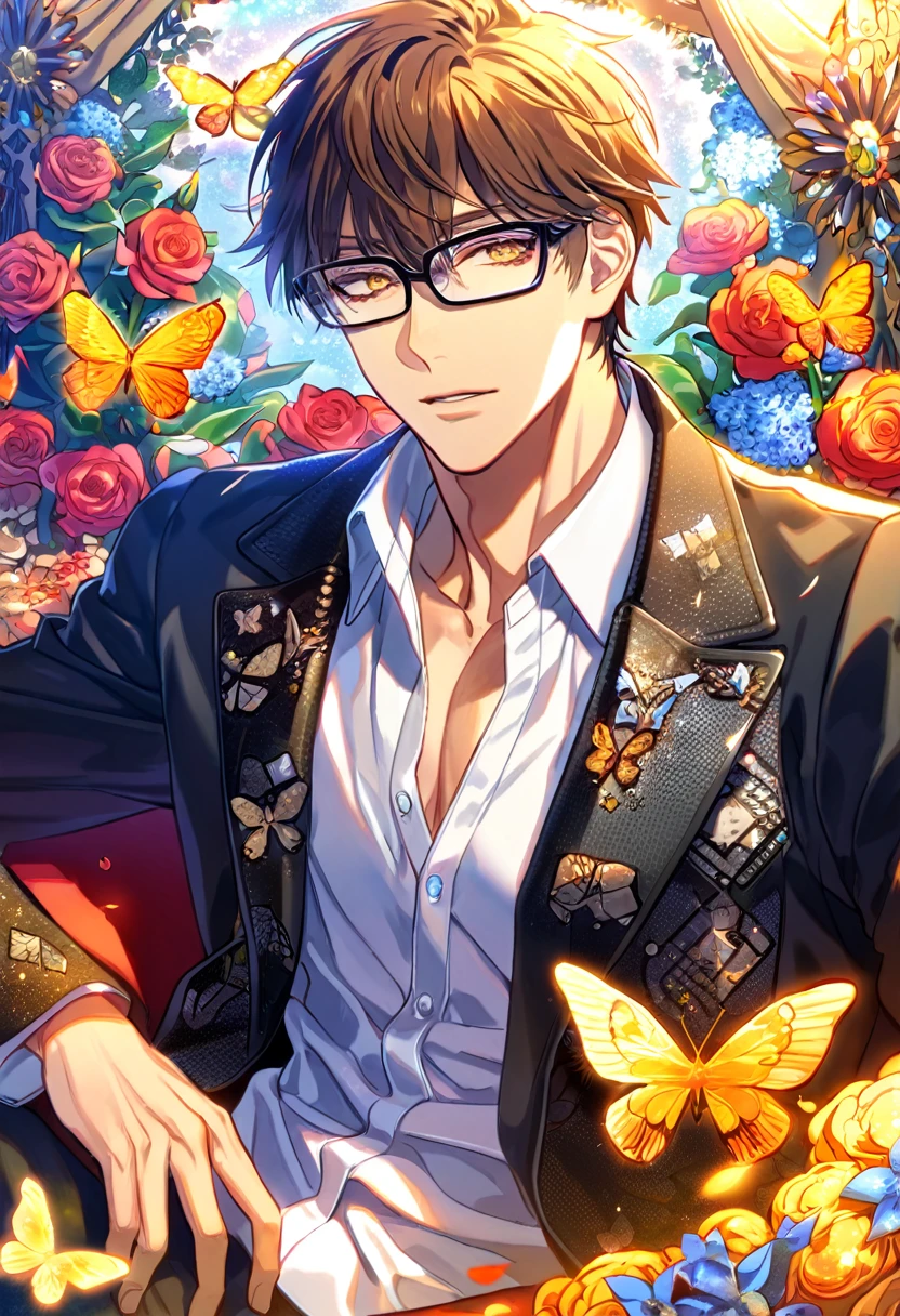 Ultra detailed, Highres, absurdres, HDR, Miyuki Kazuya, brown hair, expressive amber eyes, black coat with patterns, black glasses, Diamond No Ace, white shirt, cross, glittering butterflies, petals, handsome, sexy man, solo, very detailed eyes and face, master piece, toned chest, glittering, flowers, sitting