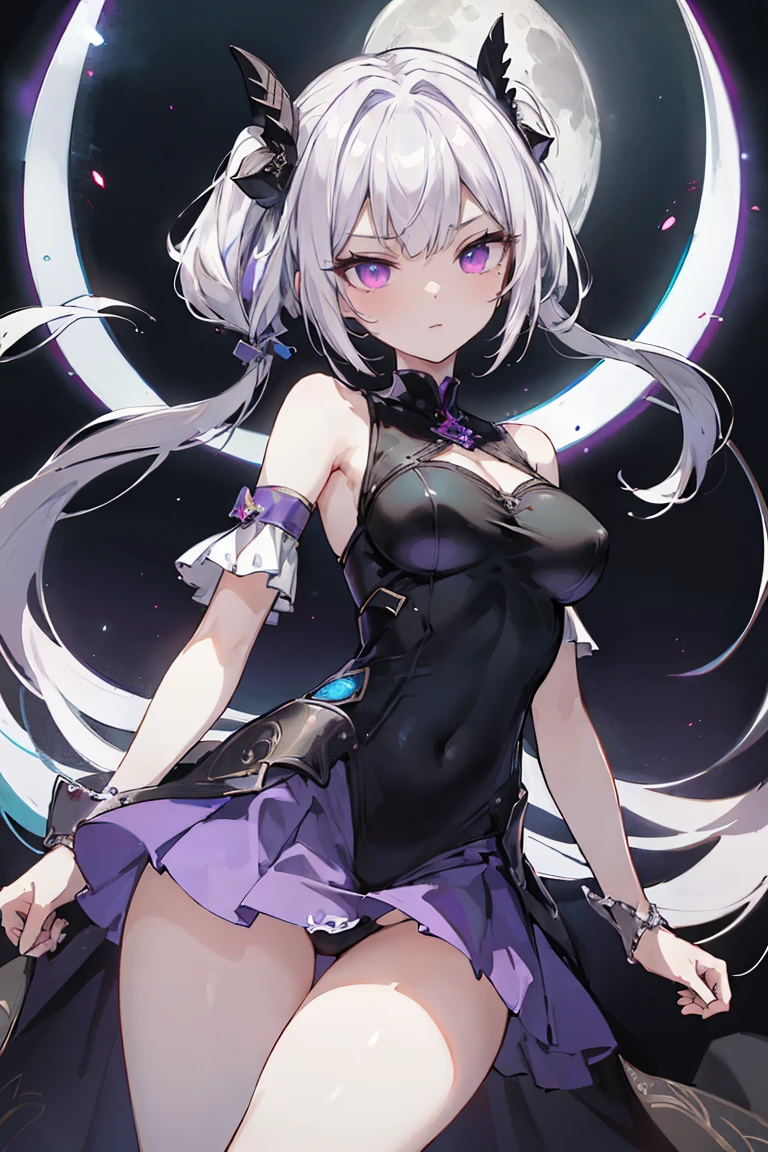 1girl, anime, cute girl, blank background, white background, fantasy, detailed fantasy dress with highlights, beautiful face, beautiful eyes, dark colors, black hair with multicolor streaks, red eye with different color pupil in eye, multicolor eye, medium breasts, slight cleavage, beautiful skin, cute, breast curtains, extremely delicate and beautiful, (beautiful detailed face:1.0), (detailed deep eyes), symmetrical breasts, deep eyes, shiny skin, portrait, slender waist, hips wider than shoulders, thighs, expressionless, young girl, luminous eyes, adorable，（Kpop idol）,（aegyo sal：1），（Platinum blonde hair：1），（（puffy eye）），Black panty，sexy posture，Superskirt, Ultra-high resolution，Black collar，slim figure, Abdominal y tattoo, womb tattoo，Tight-fitting leg ring，y tattoo on half-body，Bare skin, Armored hand，Hidden fingertips，Hand covered，Arm covered，Fist covered,{{beautiful detailed fingers}}, tufts of hair, moderate beautiful breast:1.0,(masterpiece:1.2), best quality, high-res, HDR, perfect face, intricate armor, delicate blue filigree, intricate filigree, red metalic parts, detailed part, dynamic pose, dynamic lights, cute face, neutral expression, shuimobysim, lotus, hanfu, maxi skirt, dress conservatively 1girl, solo, long blue hair, standing, One lady,14years,((White hair) ,((Normal breasts)), (Shiny purple bodysuit with microskirt),((Fantasy, Moon Night))