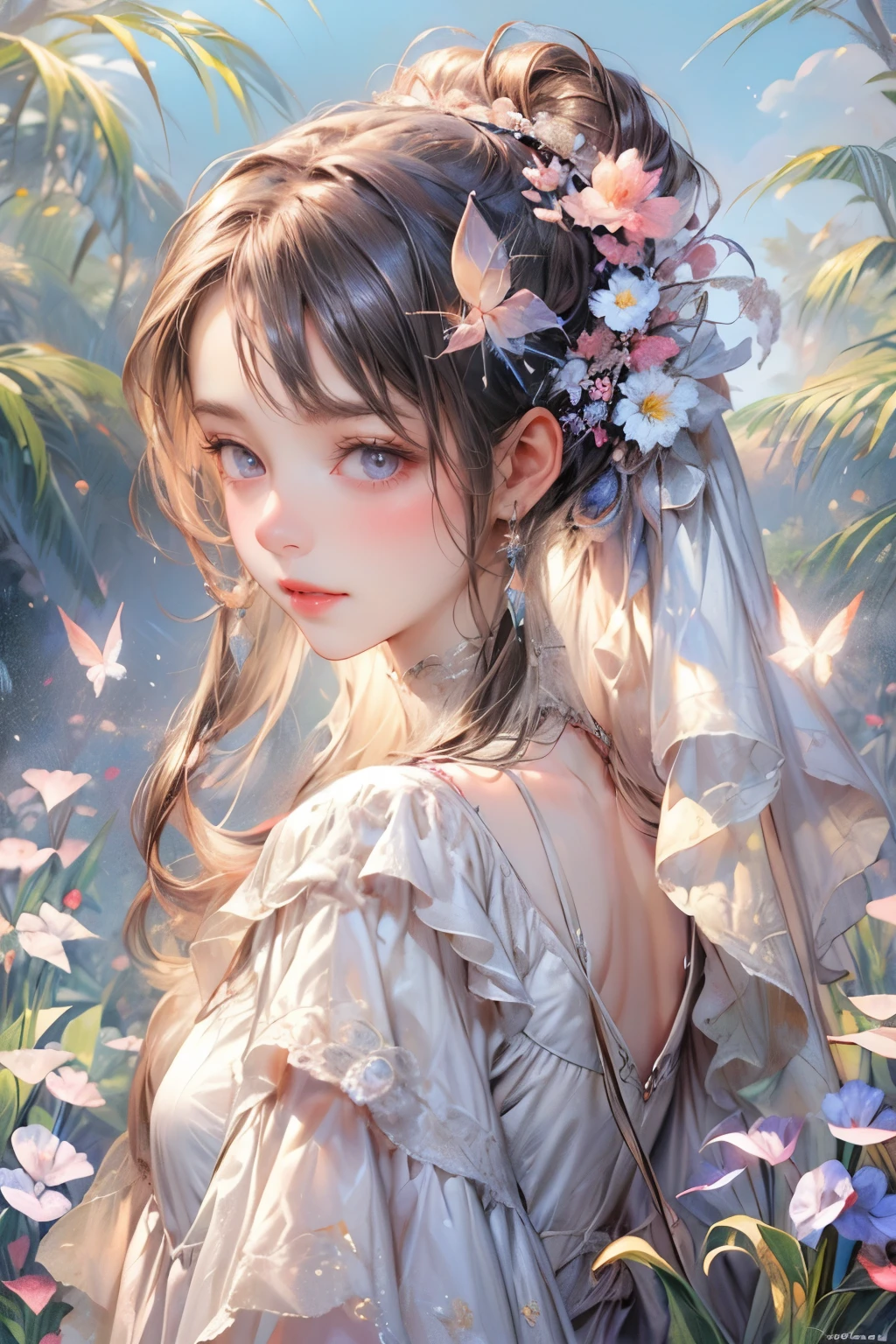masterpiece:1.2,highest quality, 16k, Ultra-realistic:1.37, Beautiful details, pretty girl, standing stylish sun shade formal Have with ribbon and vibrant colors Iris ornaments, 前hairを通して, long eyelash, sparkling eye, shining lips, Smiling Kindly, Beautiful delicate(Have, ornament, hair, face, eyelash, eye, student, lips, hand, White Dress), garden(Flowers, Iris, butterfly, Pool)