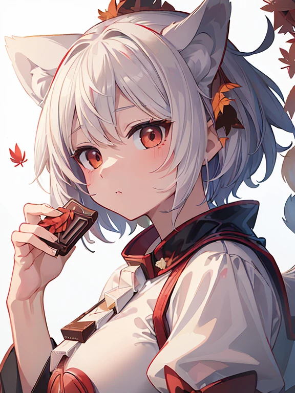 (((masterpiece))), (((best quality))), ((Extremely detailed)), (8K), Anime style, (1 Girl）,(((Dog walking red leaves))),(((They want projection))),White Wolf Tail,White super short hair, White wolf ears,,(Handsome),((Holding chocolate), Face Up,