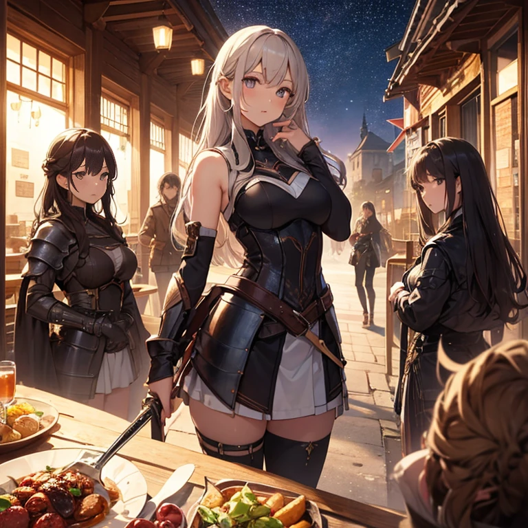 A group of young female knight, (in tavern), various hair styles, harem, wearing armored clothes, metal armor, night, details face, , short skirt, seducing, sword, sleeveless , night, starry night