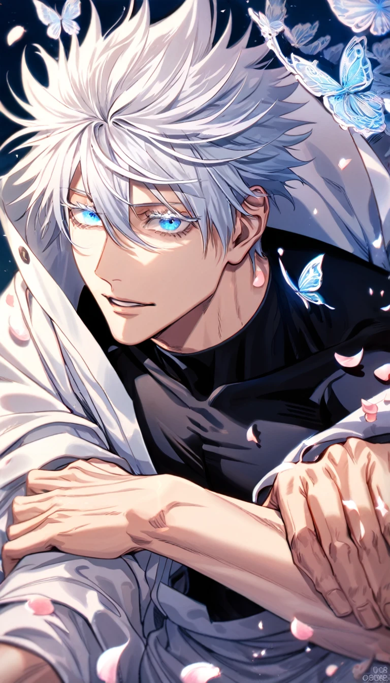 absurdres, highres, ultra detailed, HDR, master piece, best quality, Gojo Satoru, white hair, with bangs, hair between the eyes, expressive blue eyes, white eyelashes, Jujutsu Kaisen, solo, sexy man, handsome, toned chest, white coat, black tight shirt, cross, butterflies, petals, magical