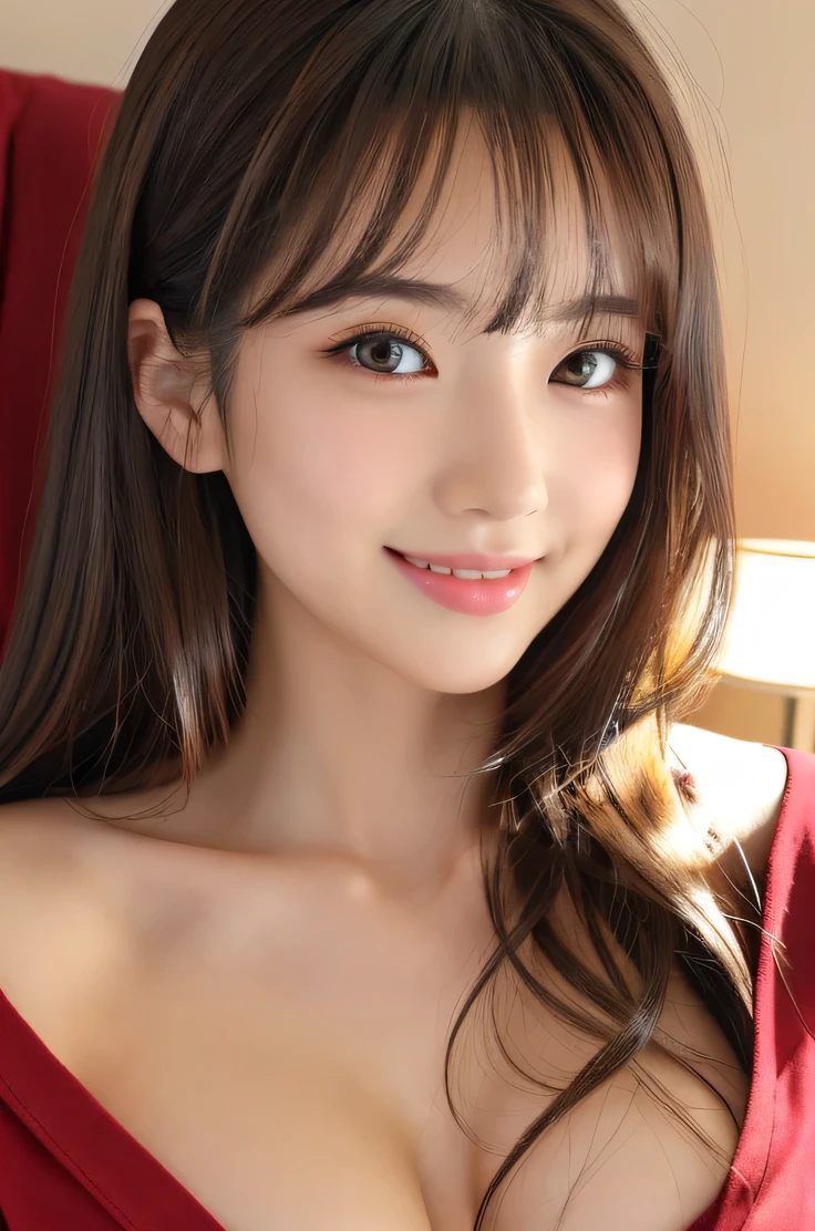 (((8k,Attention to detail,Attention to detail、highest quality,masterpiece,Attention to detail,alone))),RAW Photos & Realistic atmosphere,Beautiful dark eyes,Mouth Details,Glossy lips,Thin eyebrows,beautiful Eyes、Soft white skin that shines in every detail、Her deep black eyes are very beautiful,Lip details、Very beautiful face,Very beautiful face、Lively Faces,beautiful, Glistening lips,beautiful Eyebrows,Infinite Reality, Realistic Young Gravure Idol,Very cute woman , Young Gravure Idol, Young Gravure Idol, とても美しくてかわいいbeautiful 21 year old beauty,Incredibly beautiful and elegant,beautiful 21 year old beauty,Natural soft light,(Shiny Hair,,beautiful and kind eyes:1.5),A kind smile,Shapely breasts,Long Hair,beautiful posture,No makeup,Take a quick look at the camera,Red Shirt,