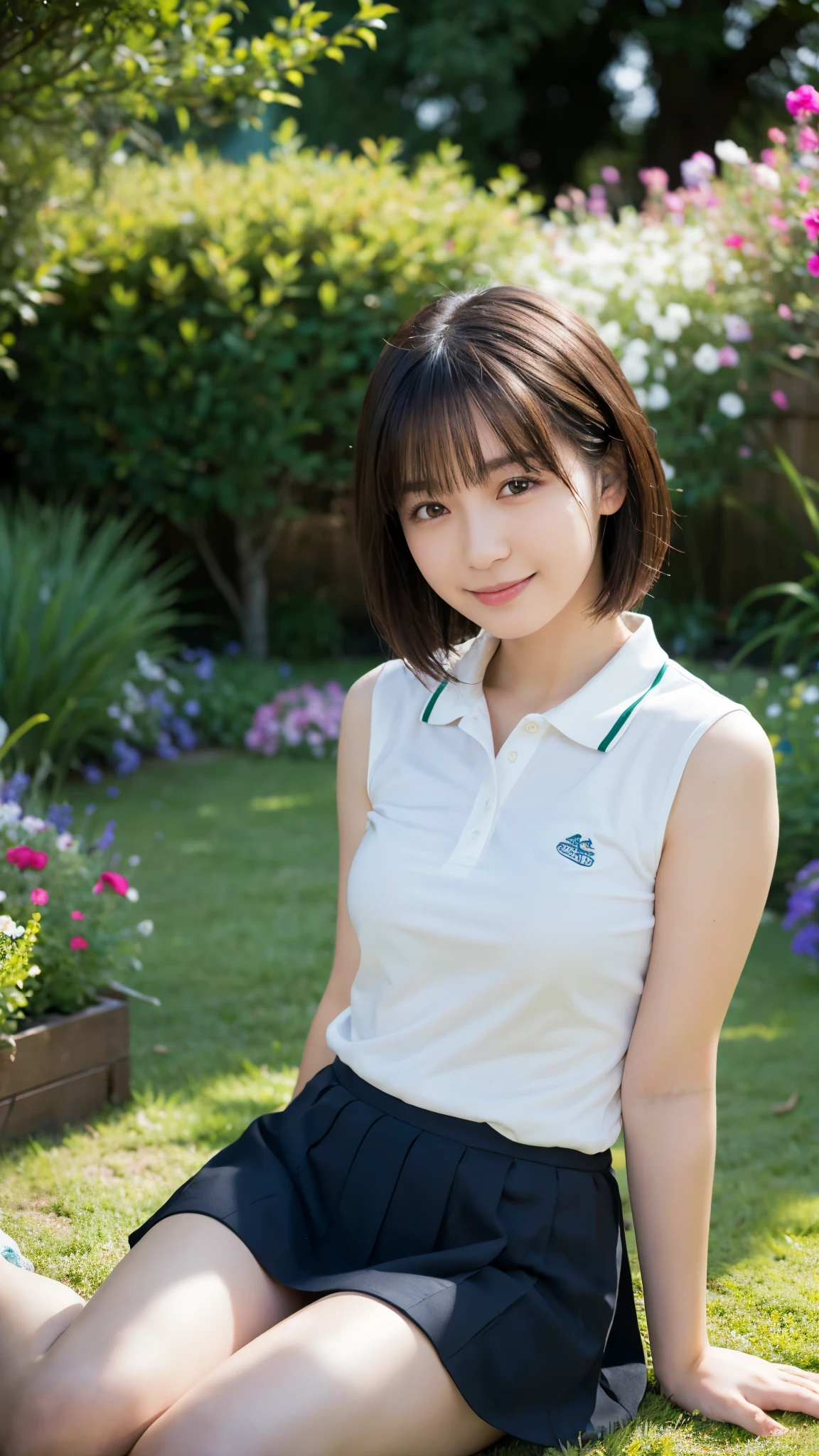 (highest quality,masterpiece:1.3,Ultra-high resolution),(Super detailed,Caustics,8k), (Photorealistic:1.4, RAW shooting),garden,grass,sit,Japanese,20-year-old,cute,(smile),Looking into the camera,Short black hair,Polo shirt,mini skirt,High angle,High Position,Natural light