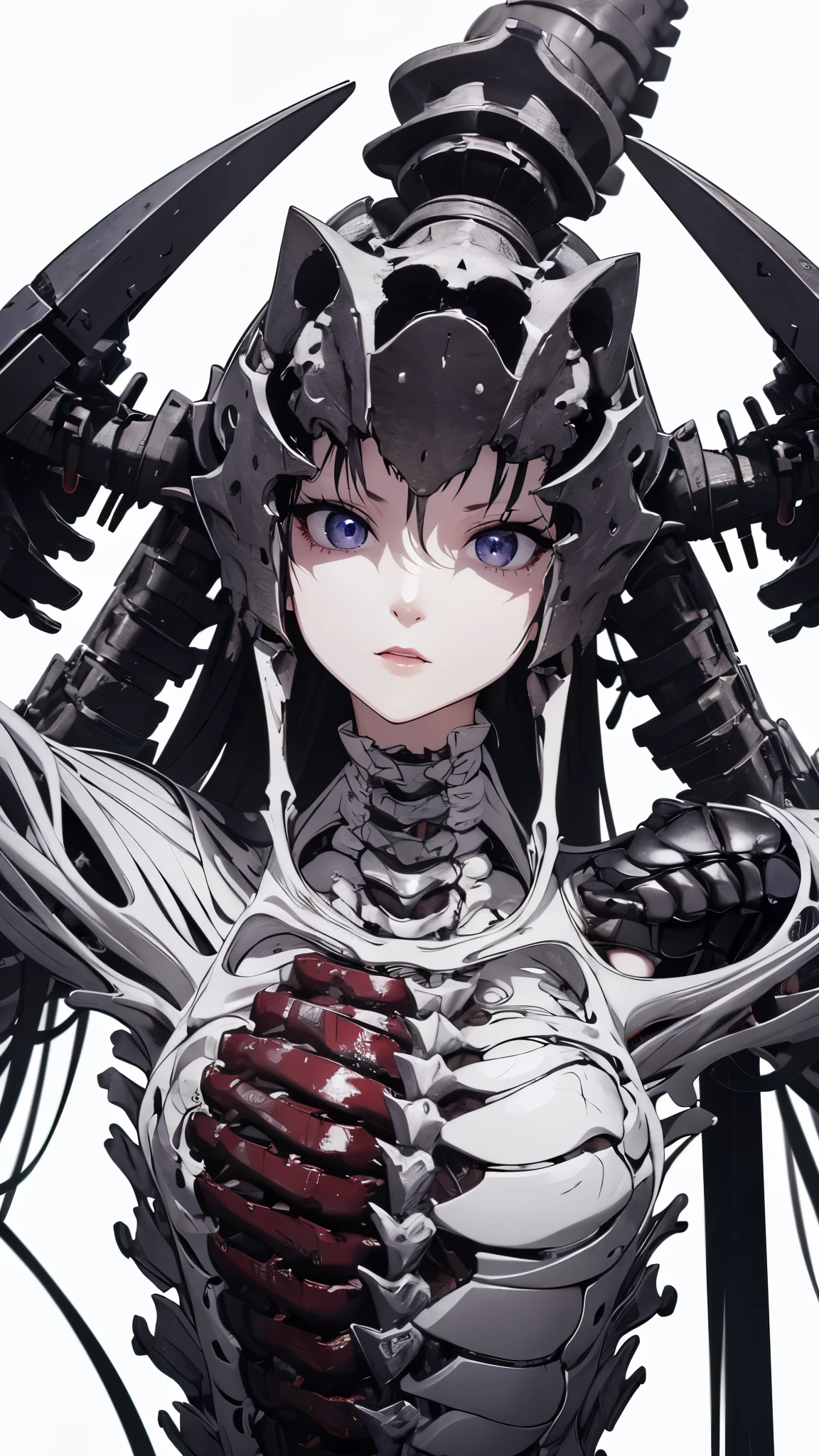((8K resolution))、((highest quality))、((masterpiece))、((Very detailed))((((dramatic))), (Anatomically correct)、The depth of the object to write、Looking at the camera、front、(woman、Mechanical bones格、Mechanical boneechanical Cervical Vertebra、Long and thin、lipstick、Spit sludge from the mouth、Bloody)、spooky、an ominous、((theme、whole body:1.1)), SF、Design、White Background
