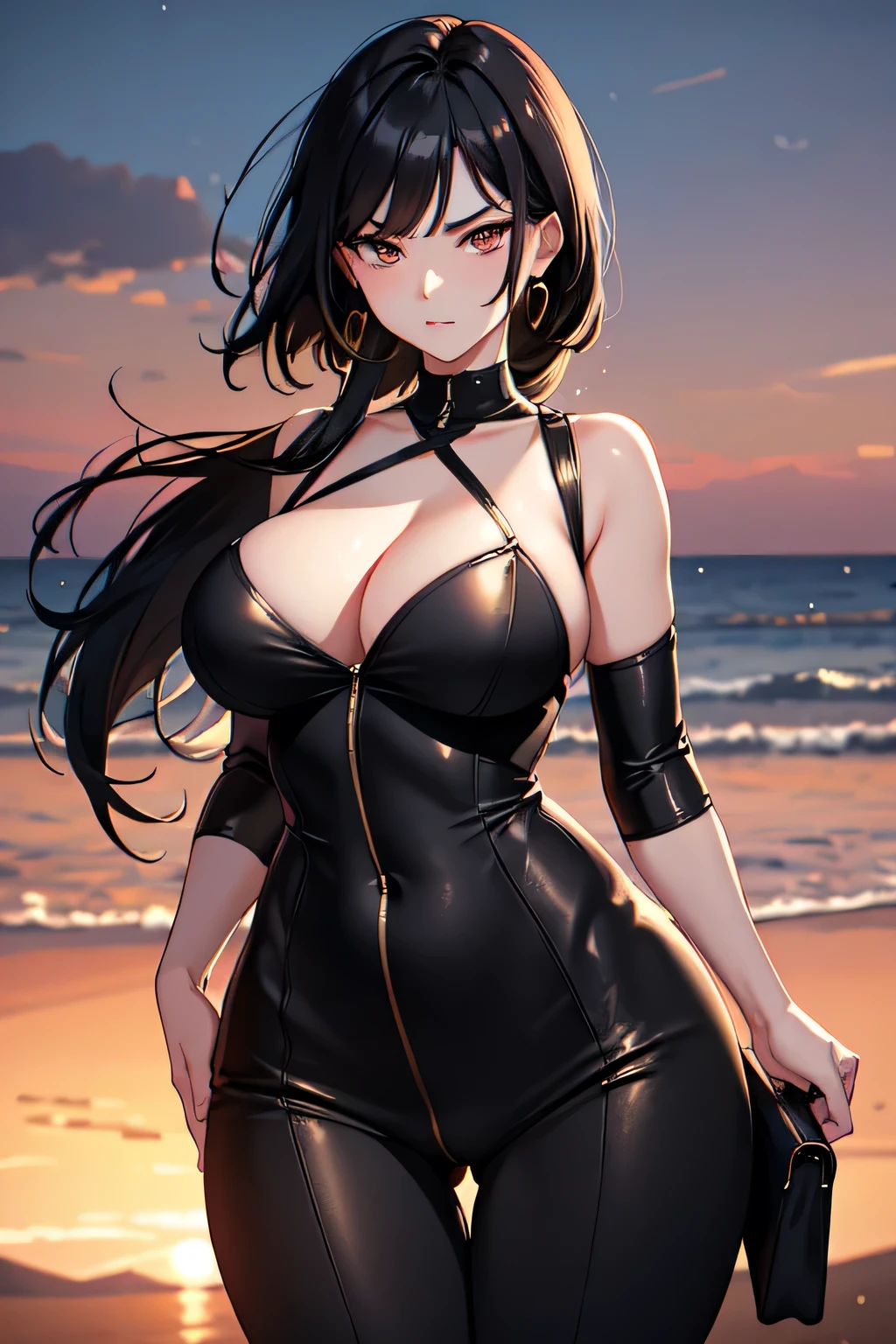 masterpiece, best quality, sunset, cowboy shot, mature woman, bob hairstyle, black hair, mature face, hot face, sharp eyes, medium breasts, curvy body, golden eyes, business clothes, looking at viewer, very close to viewer, face to face, tough appearance, in the office
((looking serious),