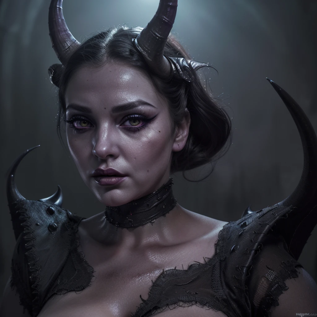 (best quality,4k,highres),detailed eyes,detailed lips,long eyelashes,female demon,seductive clothes,curvaceous body,attractive pose,engaging gaze,provocative background,vivid colors,dark lighting,horned headpiece,mysterious atmosphere,horror art style