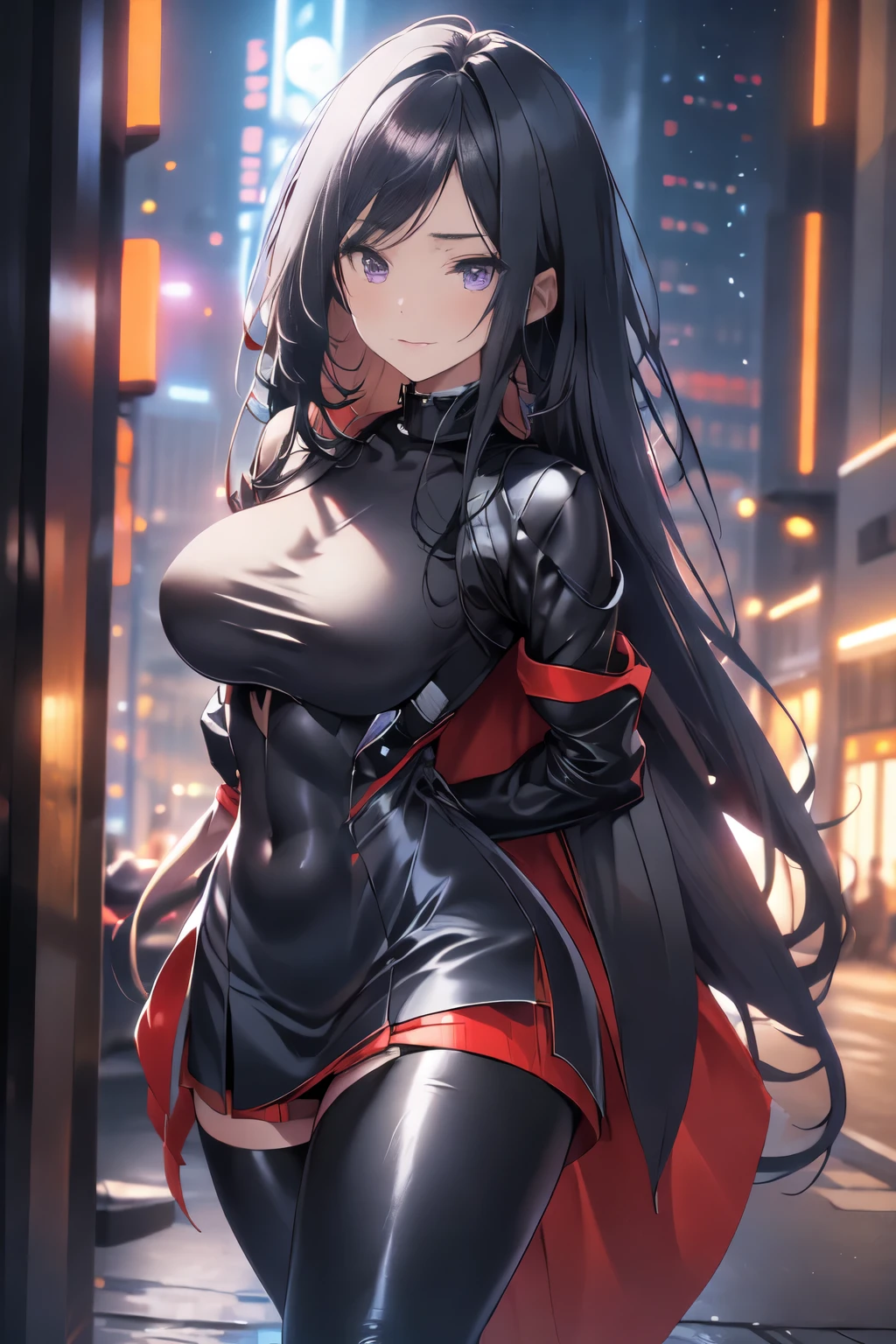 beautiful, Alone, 1 woman, Long hair, black hair, blue highlights at the ends of the hair, purple eyes, black leather bodysuit, pleassed skirt, red cloak, futuristic, cyberpunk, cinematic angle, Cinematic lighting, Work of art, best quality, nsfw, crotch rubbing