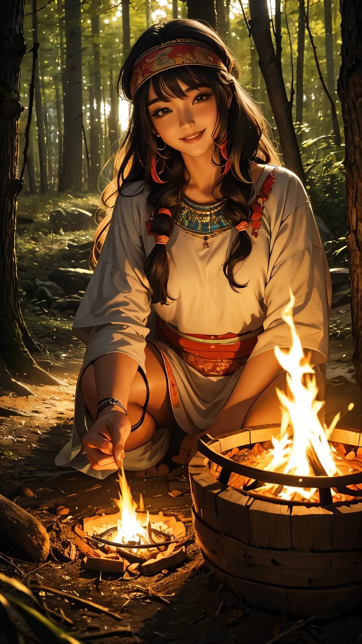 ((best quality, 8K, masterpiece :1.3)), 1 woman, Korean woman, glowing skin, hippie style,long hippie perm, hippie headband, hippie clothes, smile, in the forest, bonfire, night
