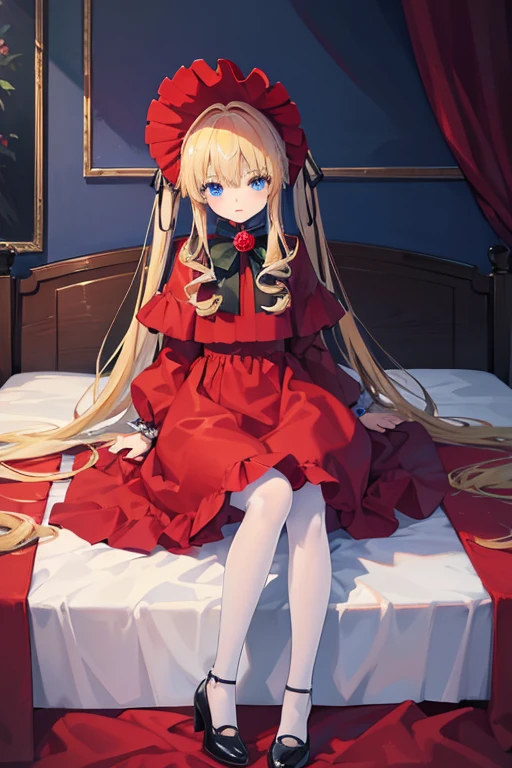 masterpiece, highest quality, High resolution, 1 8-year-old girl、blue eyes、
blonde、Straight long hair、Original Costume、bonnet, red dress,white pantyhosecup, black footwear 、Luxury bedroom、