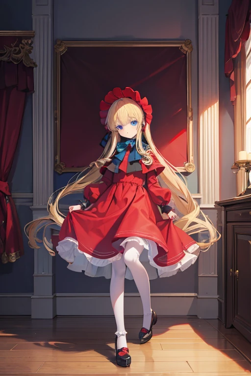 masterpiece, highest quality, High resolution, 1 ***************、blue eyes、
blonde、Straight long hair、Original Costume、bonnet, red dress,white pantyhosecup, black footwear 、Luxury bedroom、